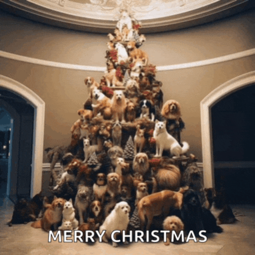 a picture of a christmas tree made of dogs with merry christmas written on the bottom