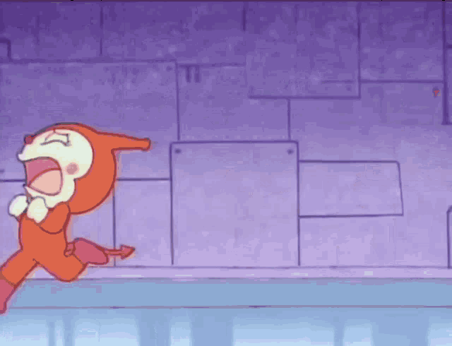 a cartoon character is running on a purple background .
