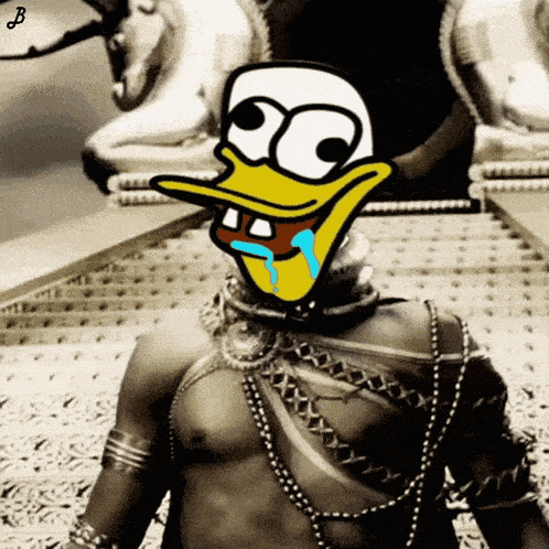 a black and white photo of a man with a cartoon duck face on his face