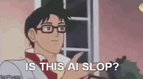 a cartoon man wearing glasses is pointing at something and asking is this ai slop ?