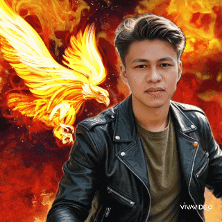 a young man in a leather jacket is standing in front of a phoenix