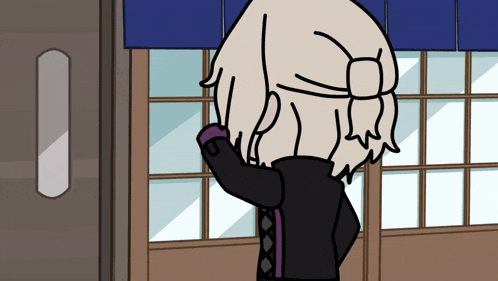 a cartoon character is standing in front of a window