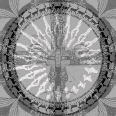 a black and white drawing of a cross with deer in a circle