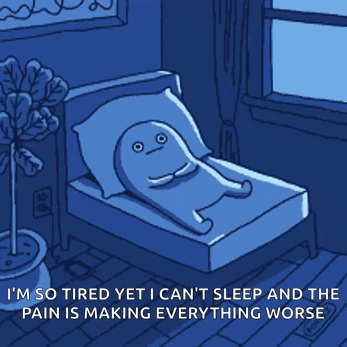 a cartoon of a person laying on a bed with the words i 'm so tired
