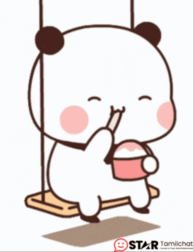 a cartoon of a panda sitting on a swing with a straw in its mouth