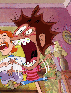 a cartoon drawing of a man and a girl with a huge mouth