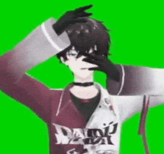 a 3d anime character is covering his face with his hands on a green background .
