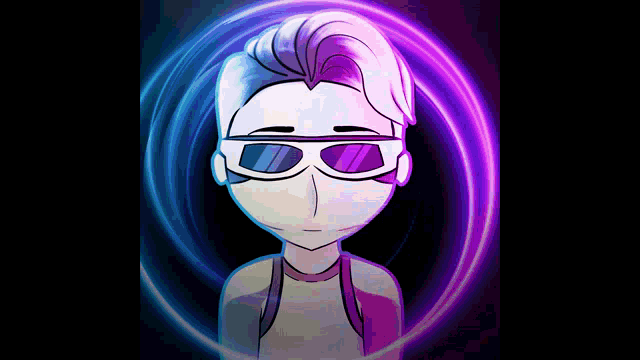a cartoon character wearing 3d glasses is surrounded by purple circles