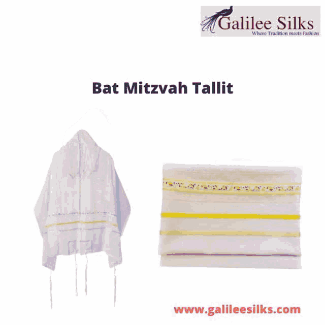 a white bat mitzvah tallit with yellow stripes on it