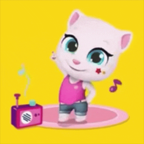 a talking angela cat is dancing next to a radio .