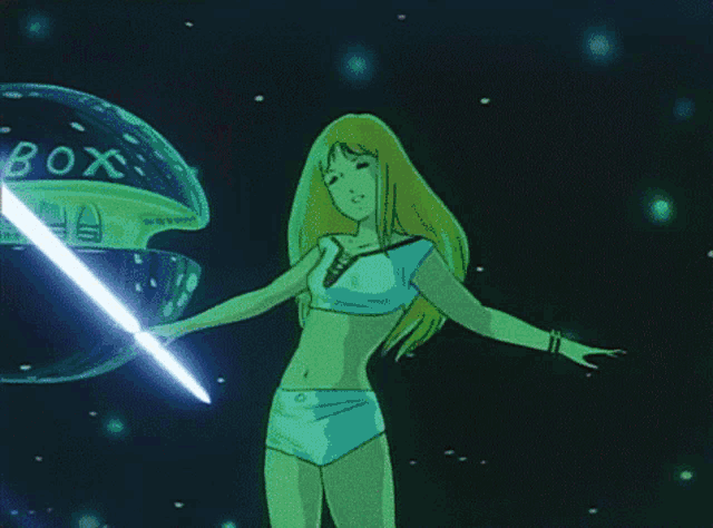 a cartoon girl is standing in front of a space ship that says box