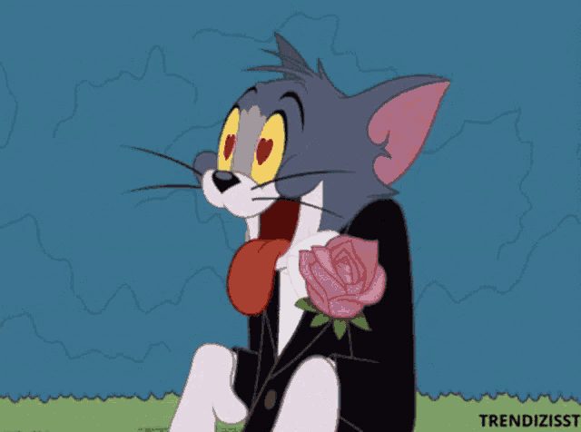 a cartoon of tom wearing a tuxedo with a rose on his collar