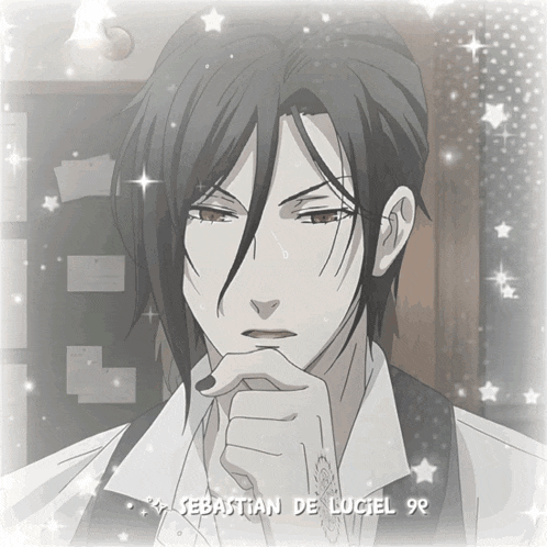 a black and white drawing of sebastian de luciel with stars around him