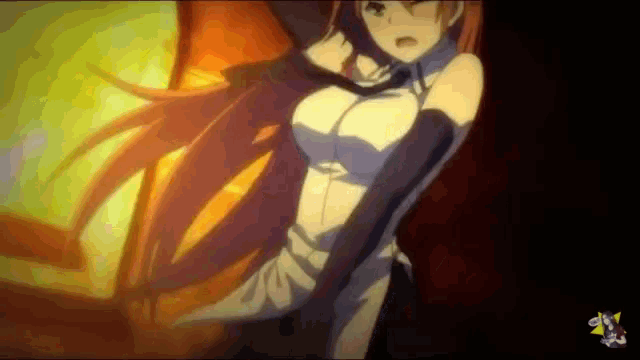 a girl with red hair is standing in front of a fire