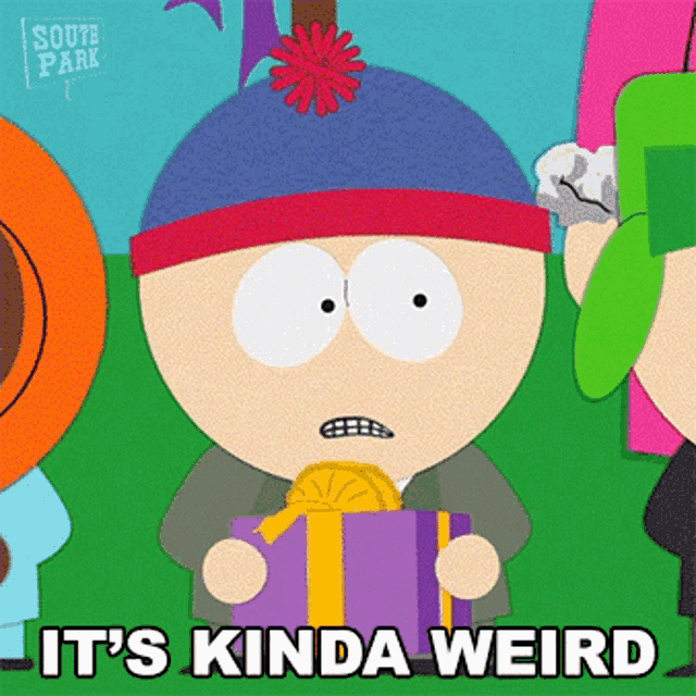 stan marsh from south park is holding a purple gift box and saying it 's kinda weird