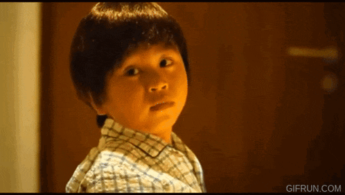 a young boy in a plaid shirt is standing in front of a door with gifrun.com written on the bottom of the screen