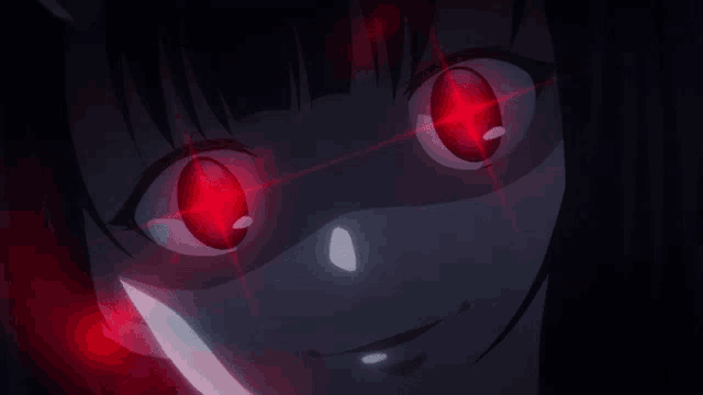a close up of a girl with red eyes