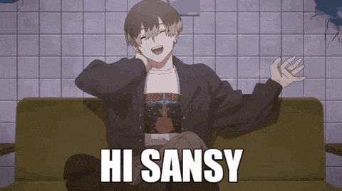 a girl is sitting on a couch with her arms outstretched and the words hi sansy written on it .