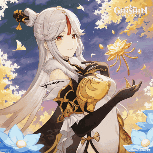 a genshin impact poster with a girl holding a flower in her hands