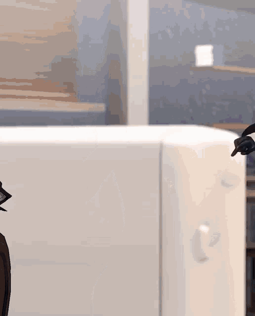 a cartoon character is pointing at something in front of a refrigerator