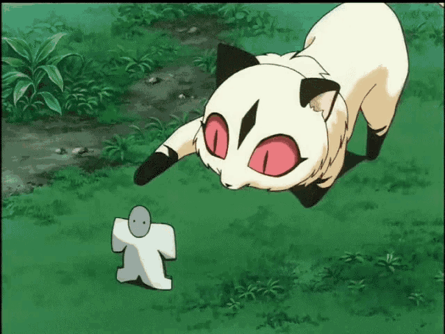 a cartoon cat with red eyes is looking at a small white figure in the grass