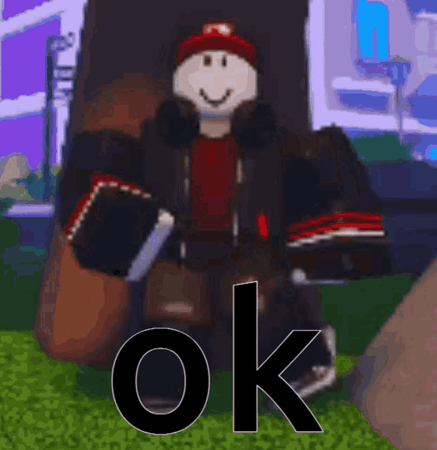 a roblox character is holding a book and the word ok is behind him .