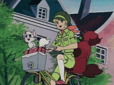 a cartoon girl is riding a bike with a cat in a basket