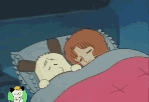 a cartoon of a girl sleeping with a stuffed animal