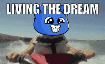 a cartoon of a cat on a jet ski with the words living the dream above it