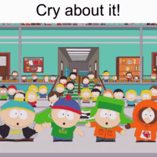 a group of south park characters are standing in a hallway with the words cry about it below them