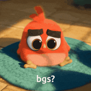 a cartoon bird with big eyes is sitting on a blue mat with the words bgs written on it