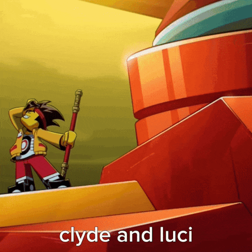 a cartoon character holding a stick and the words clyde and luci