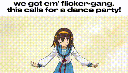 three anime girls are standing next to each other with their arms in the air .