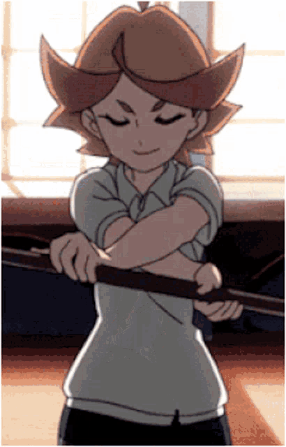 a girl in a white shirt is holding a wooden stick