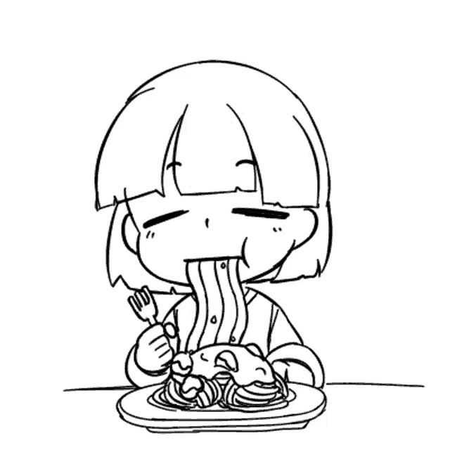 a black and white drawing of a girl eating spaghetti with a fork and spoon .