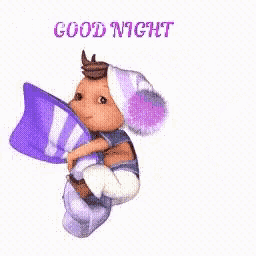 a baby is holding a purple pillow and says good night