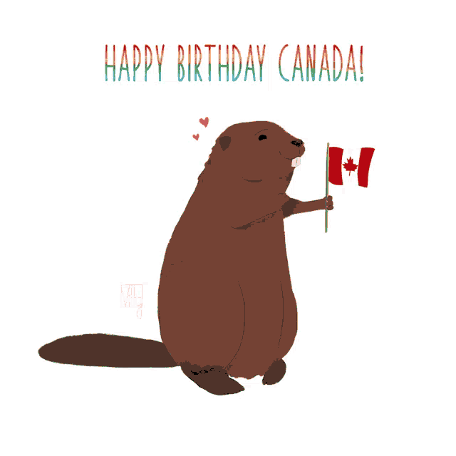 an illustration of a beaver holding a canadian flag with the words happy birthday canada
