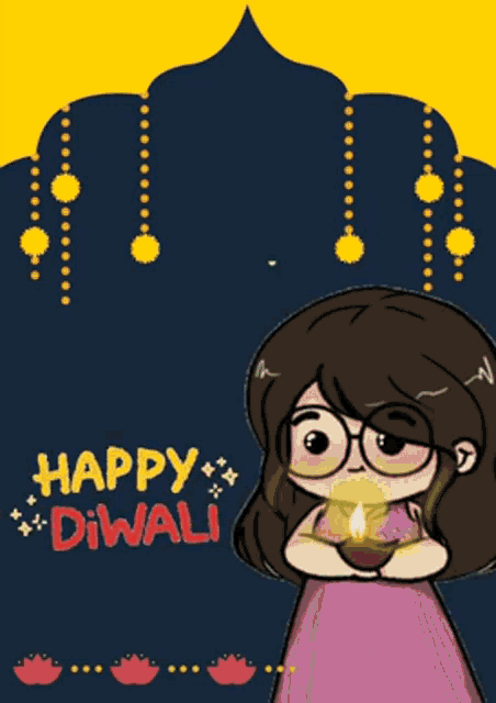 a girl with glasses is holding a lamp and the words happy diwali are on the bottom