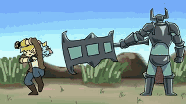 a cartoon of a man holding a large axe and another man holding a smaller axe