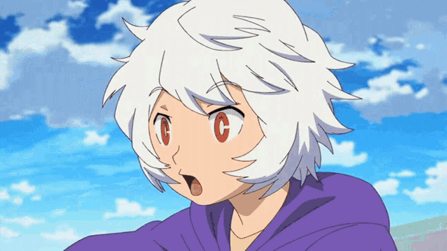 a cartoon character with white hair has the letter c on his face