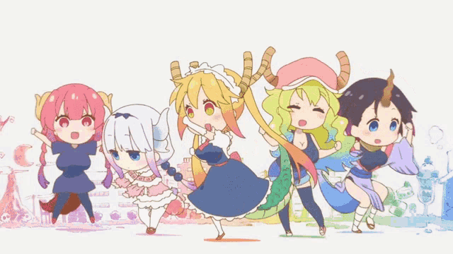 a group of anime characters are dancing together
