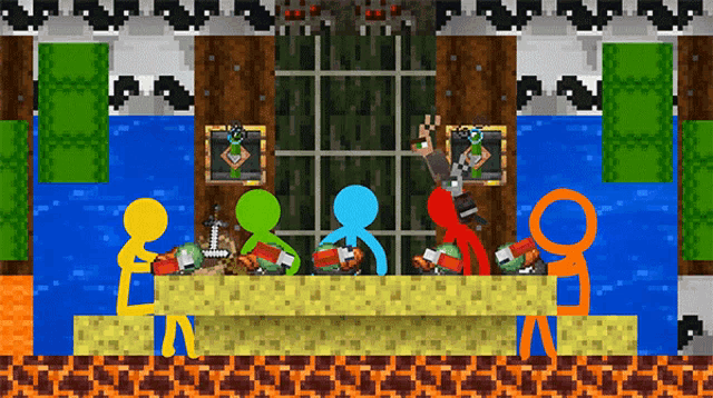 a group of stick figures are sitting around a table in a minecraft scene