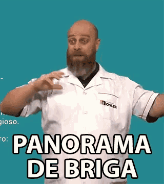 a bald man with a beard is wearing a white lab coat that says panorama de briga on the front