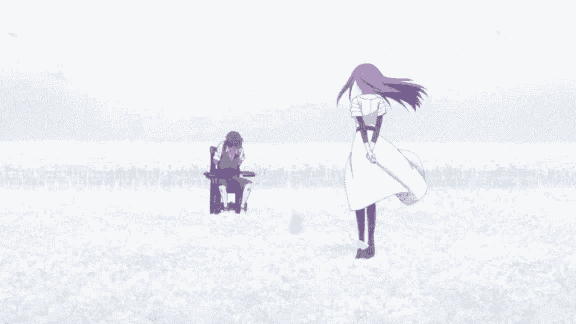 a girl in a white dress is walking in the snow next to a man in a wheelchair