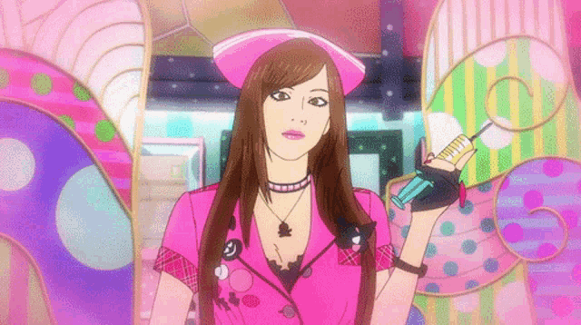 a woman in a pink nurse outfit holds a syringe