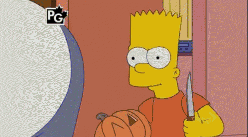 bart simpson from the simpsons is holding a knife and a pumpkin in his hand .