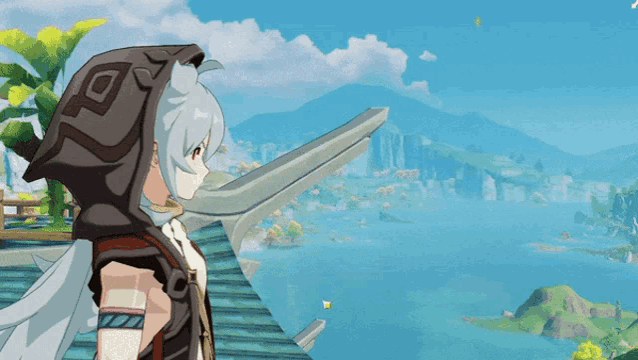 a cartoon character with a hood on looks out over the water
