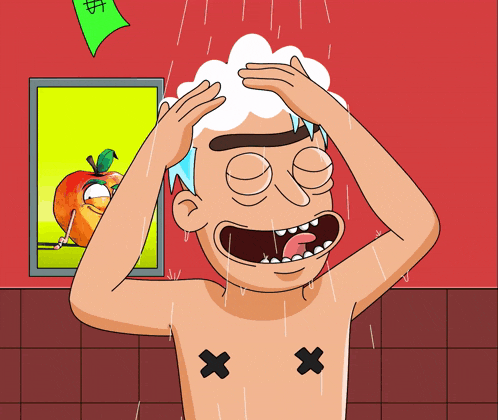a cartoon of a shirtless man taking a shower with an apple behind him