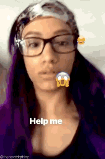 a woman wearing glasses and a headband says help me
