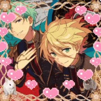 a couple of anime characters with pink hearts around them